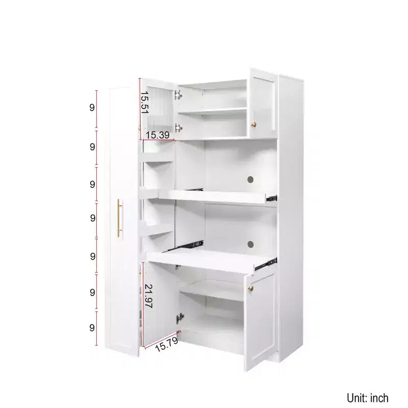 Meuble de rangement de cuisine multifonctionnel 43W Meuble de rangement de cuisine avec étagère de rangement multi-niveaux coulissante et 4 portes, Blanc-ModernLuxe