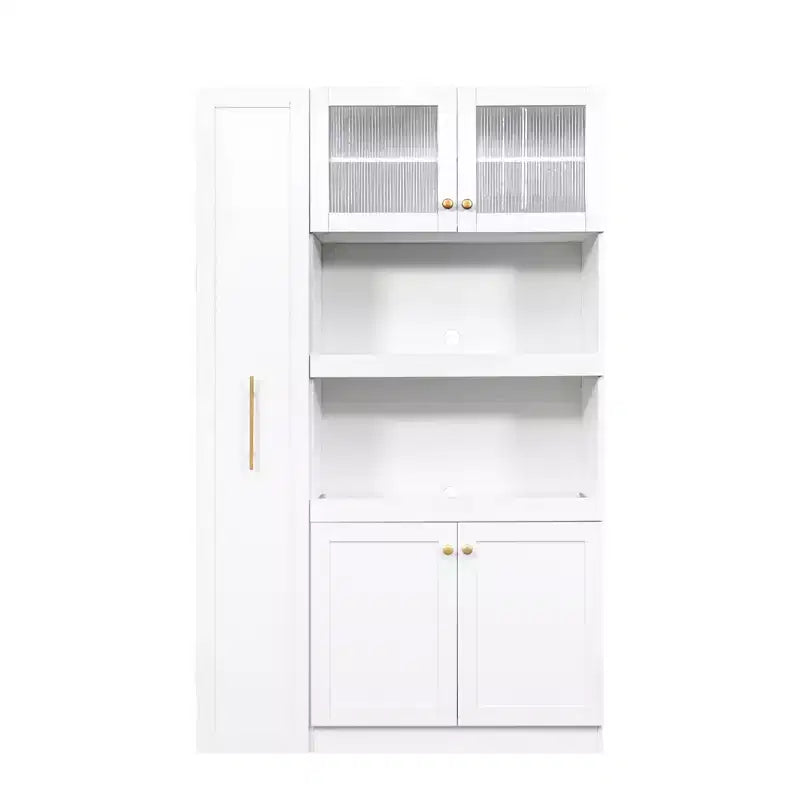 Meuble de rangement de cuisine multifonctionnel 43W Meuble de rangement de cuisine avec étagère de rangement multi-niveaux coulissante et 4 portes, Blanc-ModernLuxe