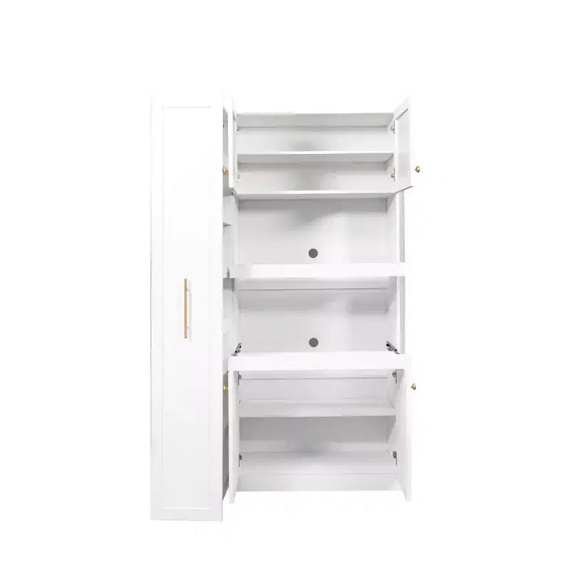 Meuble de rangement de cuisine multifonctionnel 43W Meuble de rangement de cuisine avec étagère de rangement multi-niveaux coulissante et 4 portes, Blanc-ModernLuxe