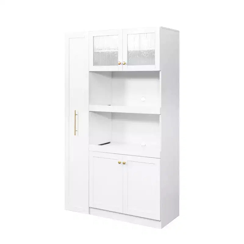 Meuble de rangement de cuisine multifonctionnel 43W Meuble de rangement de cuisine avec étagère de rangement multi-niveaux coulissante et 4 portes, Blanc-ModernLuxe