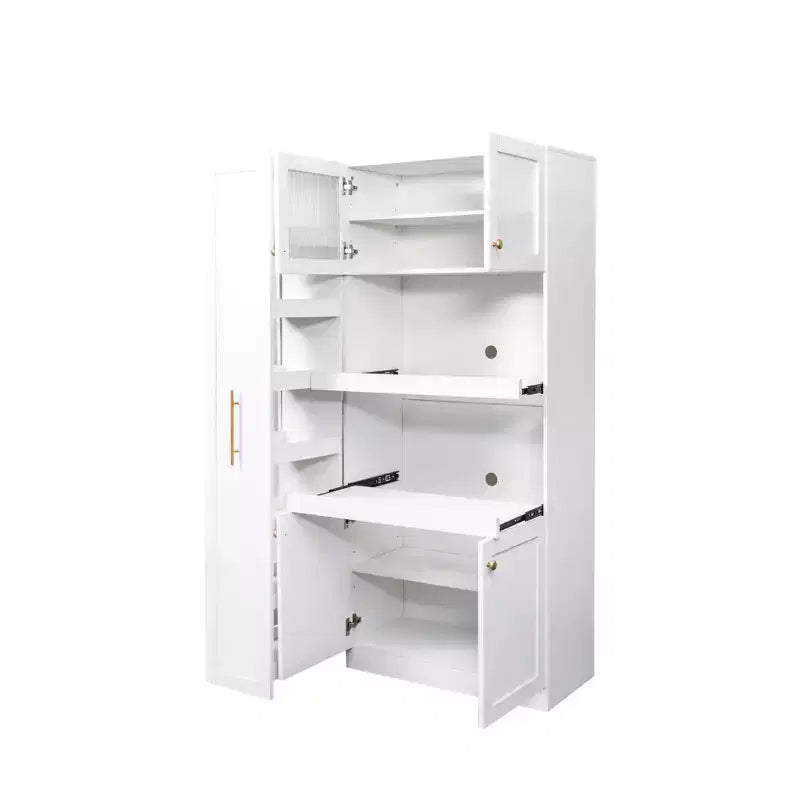 Meuble de rangement de cuisine multifonctionnel 43W Meuble de rangement de cuisine avec étagère de rangement multi-niveaux coulissante et 4 portes, Blanc-ModernLuxe
