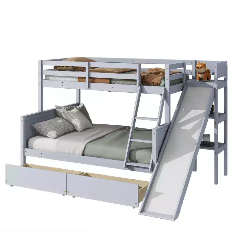 Lit superposé double sur plein avec 2 tiroirs, étagères, toboggan, échelle, garde-corps de sécurité et cadre en bois de caoutchouc, Blanc/Gris-ModernLuxe