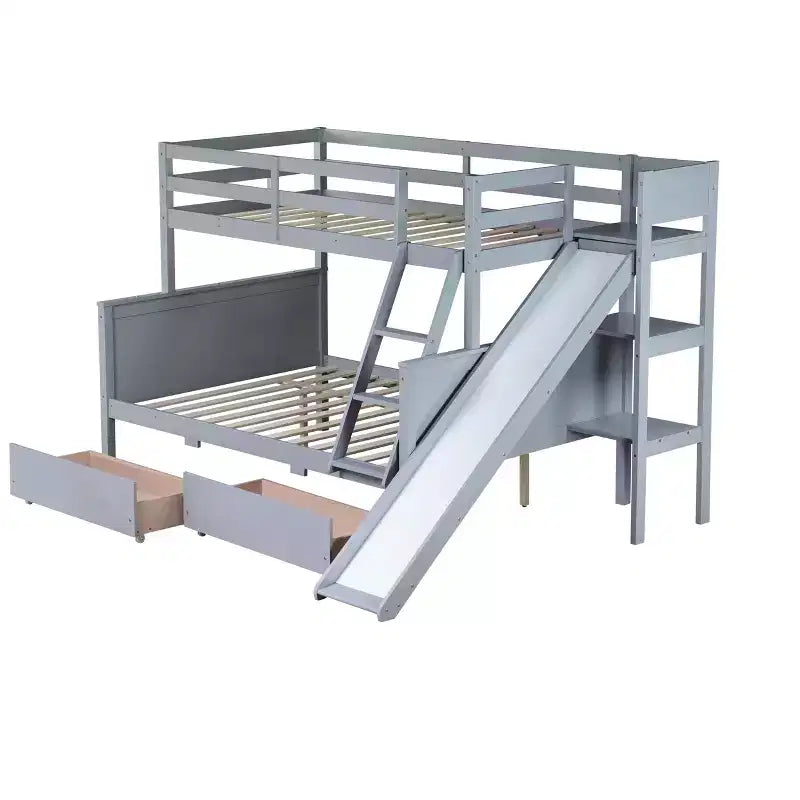 Lit superposé double sur plein avec 2 tiroirs, étagères, toboggan, échelle, garde-corps de sécurité et cadre en bois de caoutchouc, Blanc/Gris-ModernLuxe