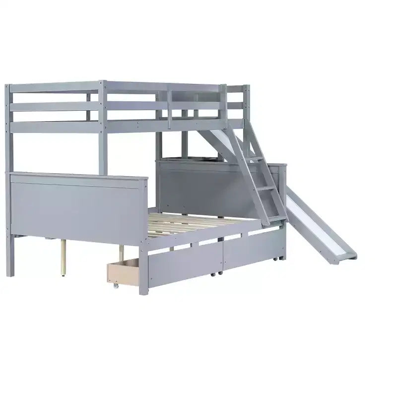 Lit superposé double sur plein avec 2 tiroirs, étagères, toboggan, échelle, garde-corps de sécurité et cadre en bois de caoutchouc, Blanc/Gris-ModernLuxe