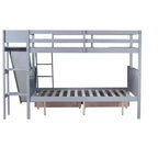 Lit superposé double sur plein avec 2 tiroirs, étagères, toboggan, échelle, garde-corps de sécurité et cadre en bois de caoutchouc, Blanc/Gris-ModernLuxe