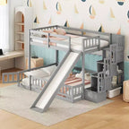 Lit superposé jumeau sur grand lit avec toboggan, escalier de rangement, barrières de sécurité et cadre en bois de pin massif, Blanc/Gris-ModernLuxe
