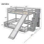 Lit superposé jumeau sur grand lit avec toboggan, escalier de rangement, barrières de sécurité et cadre en bois de pin massif, Blanc/Gris-ModernLuxe