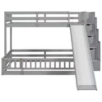 Lit superposé jumeau sur grand lit avec toboggan, escalier de rangement, barrières de sécurité et cadre en bois de pin massif, Blanc/Gris-ModernLuxe