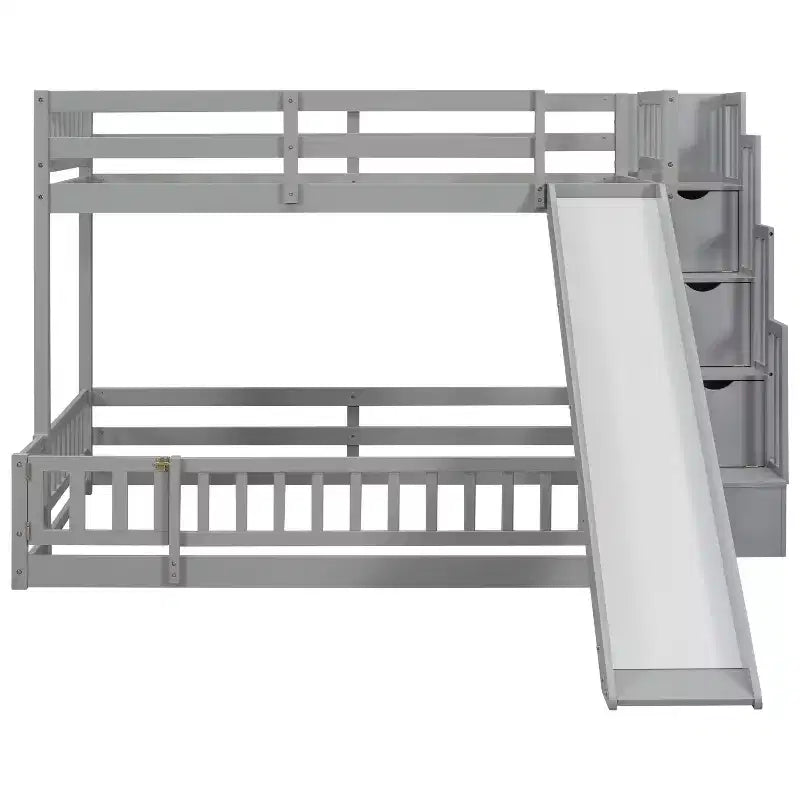 Lit superposé jumeau sur grand lit avec toboggan, escalier de rangement, barrières de sécurité et cadre en bois de pin massif, Blanc/Gris-ModernLuxe