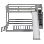 Lit superposé jumeau sur grand lit avec toboggan, escalier de rangement, barrières de sécurité et cadre en bois de pin massif, Blanc/Gris-ModernLuxe