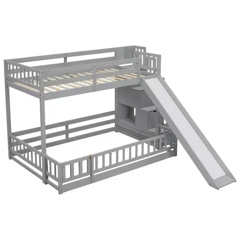 Lit superposé jumeau sur grand lit avec toboggan, escalier de rangement, barrières de sécurité et cadre en bois de pin massif, Blanc/Gris-ModernLuxe