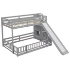 Lit superposé jumeau sur grand lit avec toboggan, escalier de rangement, barrières de sécurité et cadre en bois de pin massif, Blanc/Gris-ModernLuxe