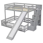 Lit superposé jumeau sur grand lit avec toboggan, escalier de rangement, barrières de sécurité et cadre en bois de pin massif, Blanc/Gris-ModernLuxe