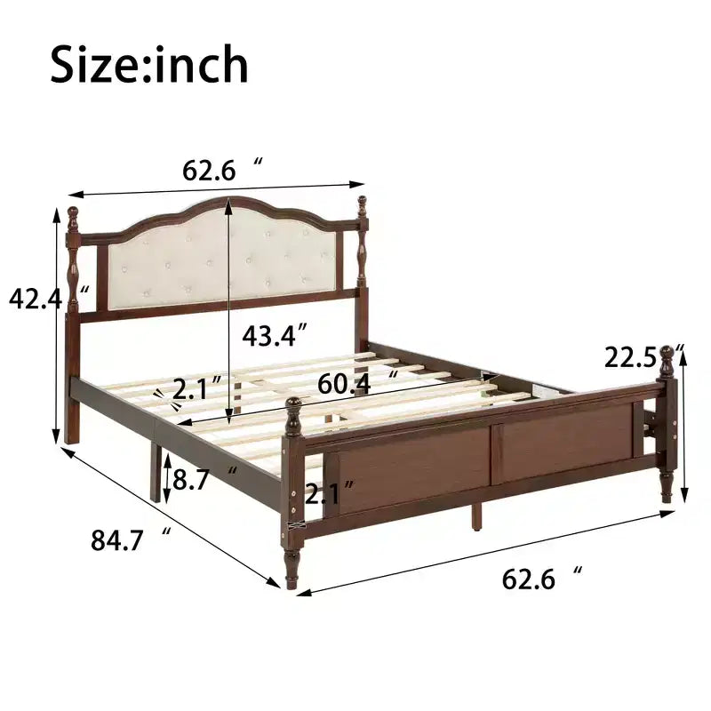 Lit en bois de pin Whisen Queen avec tête de lit capitonnée et pied de lit à panneau
