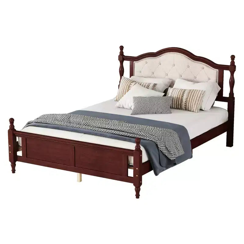 Lit en bois de pin Whisen Queen avec tête de lit capitonnée et pied de lit à panneau