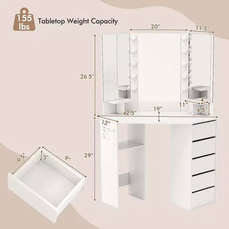 Coiffeuse d'angle Costway avec miroir LED et prises de courant Noir/Blanc
