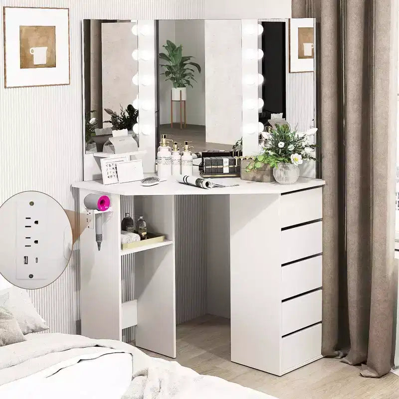 Coiffeuse d'angle Costway avec miroir LED et prises de courant Noir/Blanc