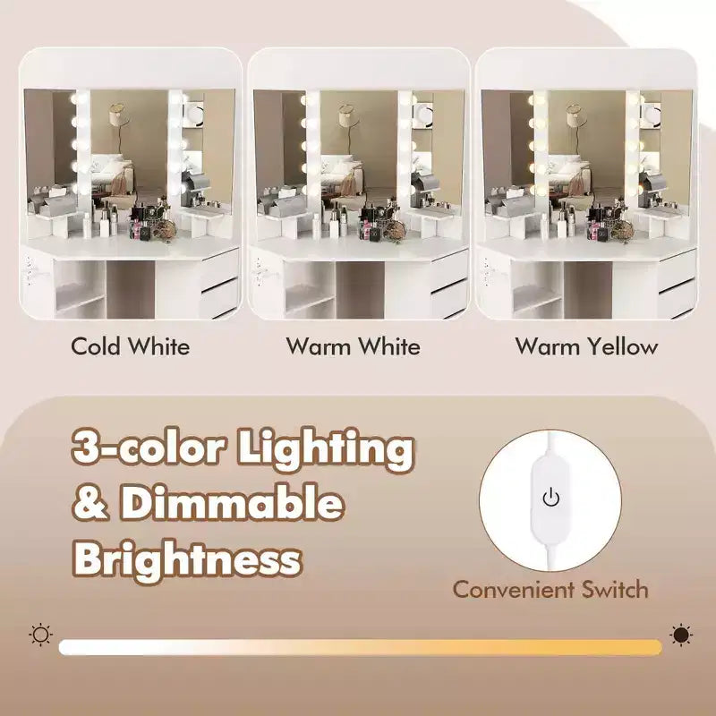 Coiffeuse d'angle Costway avec miroir LED et prises de courant Noir/Blanc