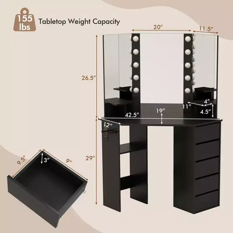 Coiffeuse d'angle Costway avec miroir LED et prises de courant Noir/Blanc