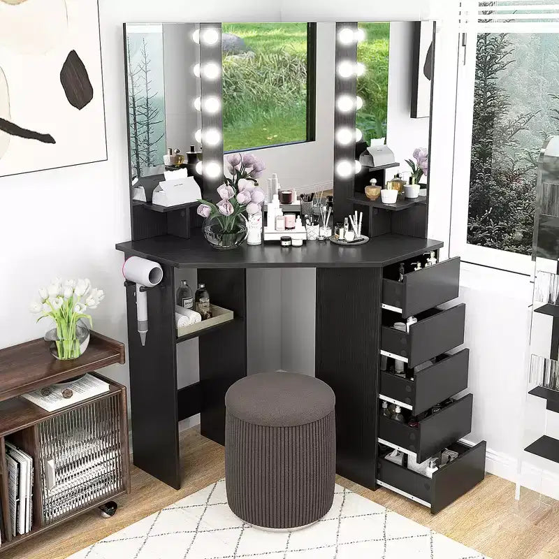 Coiffeuse d'angle Costway avec miroir LED et prises de courant Noir/Blanc