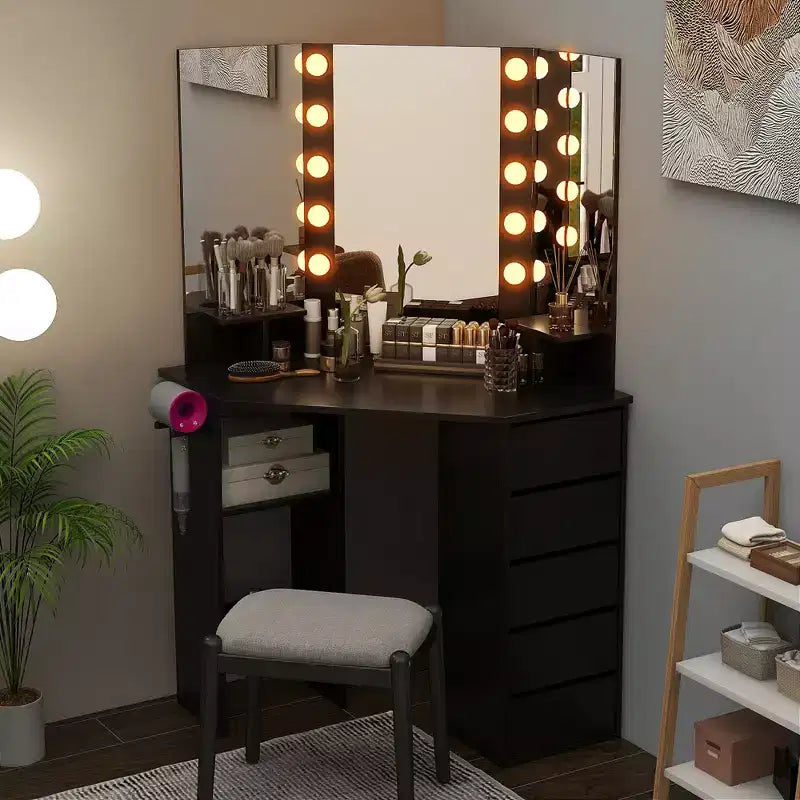 Coiffeuse d'angle Costway avec miroir LED et prises de courant Noir/Blanc