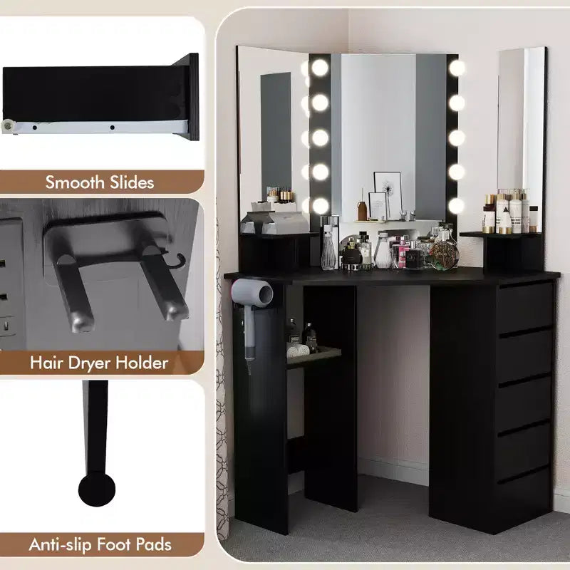 Coiffeuse d'angle Costway avec miroir LED et prises de courant Noir/Blanc