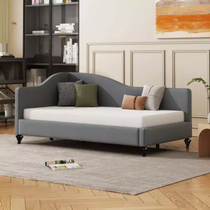 Lit de repos d'angle en lin, taille double, avec pieds en bois massif