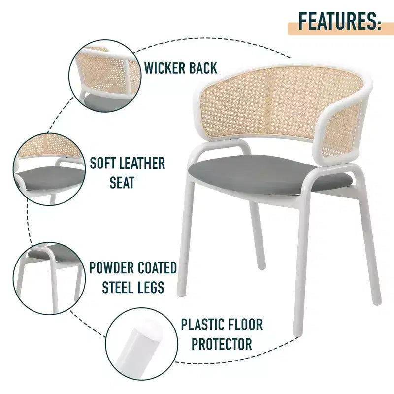 LeisureMod Ervilla - Lot de 4 chaises de salle à manger en osier avec dossier en U, assise en cuir et structure en acier - Sièges modernes pour cuisine, salle à manger, café