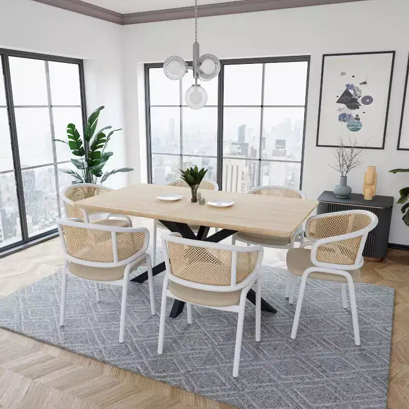 LeisureMod Ervilla - Lot de 4 chaises de salle à manger en osier avec dossier en U, assise en cuir et structure en acier - Sièges modernes pour cuisine, salle à manger, café