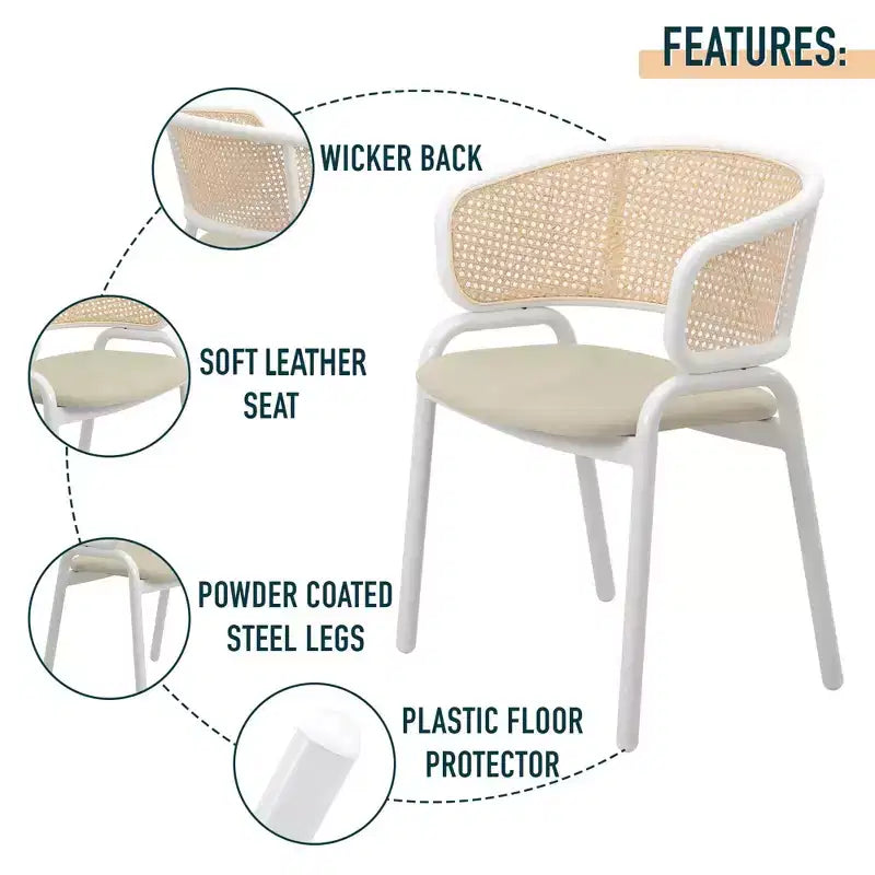 LeisureMod Ervilla - Lot de 4 chaises de salle à manger en osier avec dossier en U, assise en cuir et structure en acier - Sièges modernes pour cuisine, salle à manger, café