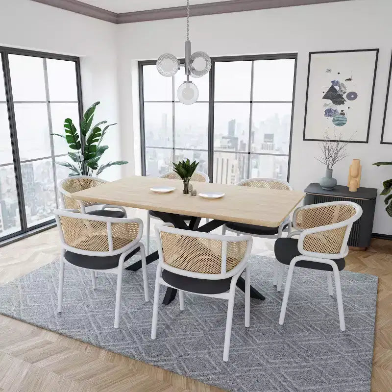 LeisureMod Ervilla - Lot de 4 chaises de salle à manger en osier avec dossier en U, assise en cuir et structure en acier - Sièges modernes pour cuisine, salle à manger, café