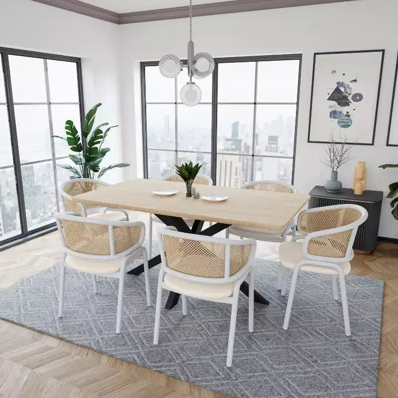 LeisureMod Ervilla - Lot de 4 chaises de salle à manger en osier avec dossier en U, assise en cuir et structure en acier - Sièges modernes pour cuisine, salle à manger, café