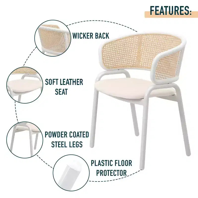 LeisureMod Ervilla - Lot de 4 chaises de salle à manger en osier avec dossier en U, assise en cuir et structure en acier - Sièges modernes pour cuisine, salle à manger, café