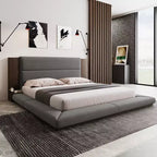 Lit de plateforme rembourré au sol de taille Queen/King avec tête de lit rembourrée et table de chevet, pas besoin de sommier tapissier, gris-ModernLuxe