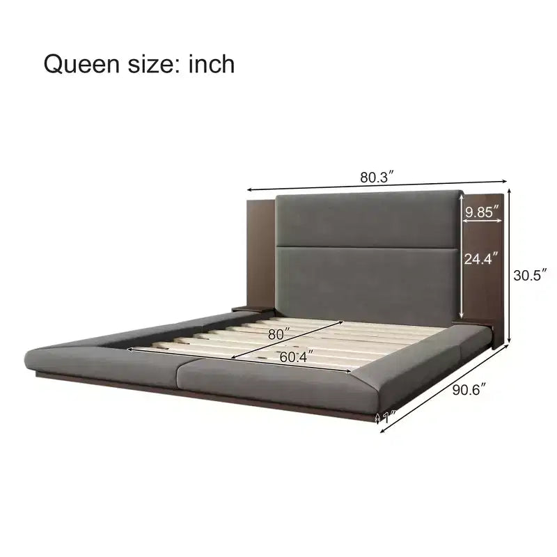 Lit de plateforme rembourré au sol de taille Queen/King avec tête de lit rembourrée et table de chevet, pas besoin de sommier tapissier, gris-ModernLuxe