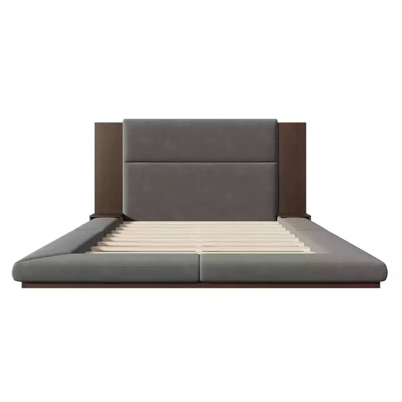 Lit de plateforme rembourré au sol de taille Queen/King avec tête de lit rembourrée et table de chevet, pas besoin de sommier tapissier, gris-ModernLuxe