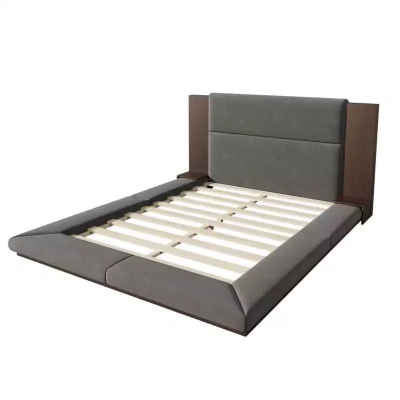 Lit de plateforme rembourré au sol de taille Queen/King avec tête de lit rembourrée et table de chevet, pas besoin de sommier tapissier, gris-ModernLuxe