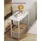 Table de chevet moderne avec panier en tissu Petite table de chevet, bout de canapé, table d'appoint rectangulaire pour salon, chambre à coucher Blanc mat et marron camel
