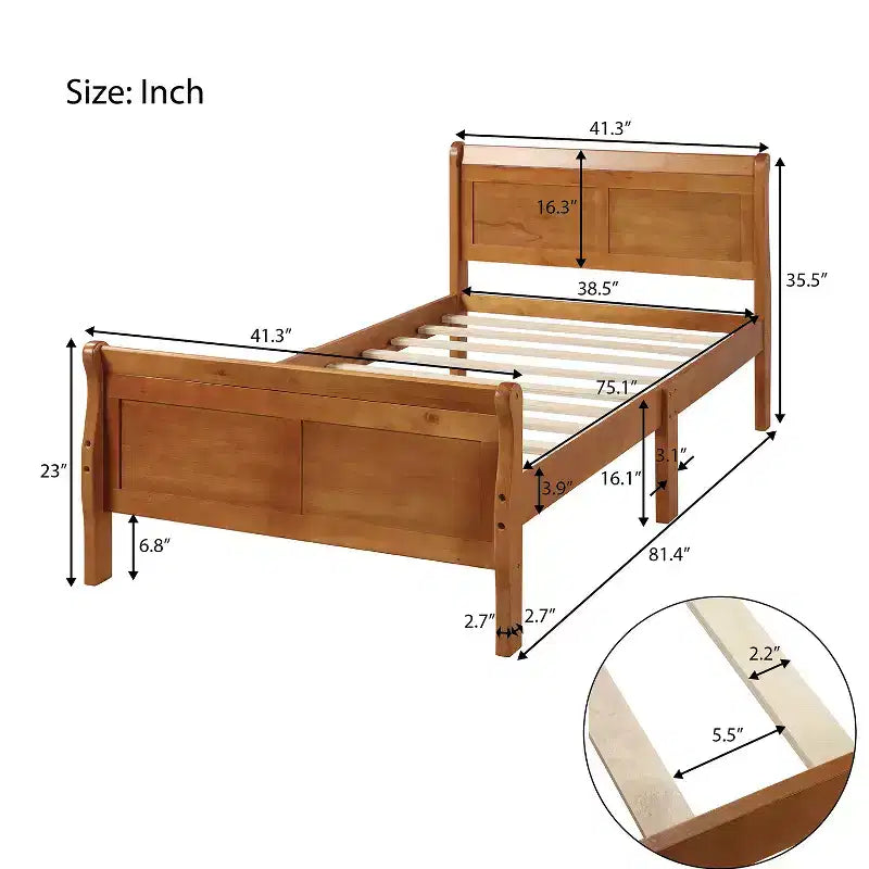 Lit plateforme Whisen Wood avec design traîneau, tête de lit, pied de lit et support à lattes robuste