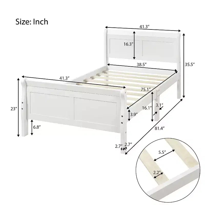 Lit plateforme Whisen Wood avec design traîneau, tête de lit, pied de lit et support à lattes robuste