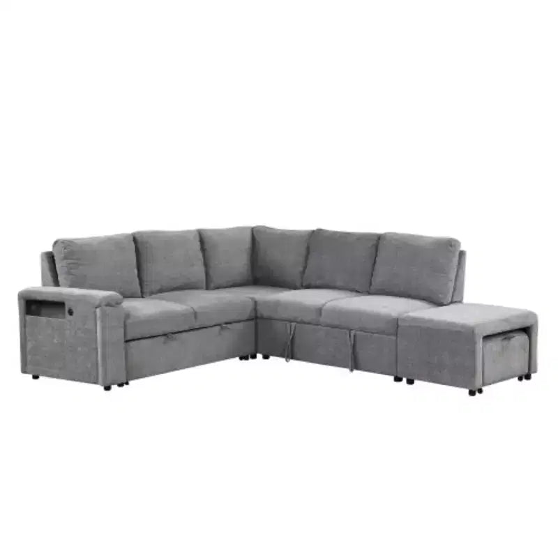 Canapé modulaire rembourré en forme de L avec rangement, ports USB et porte-gobelets sur les accoudoirs, adapté aux salons, bureaux et appartements.
