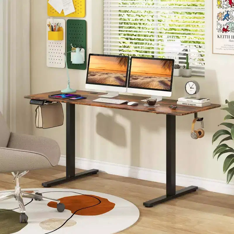 Bureau assis-debout électrique réglable en hauteur Costway 63 x 24 pouces naturel/marron/blanc