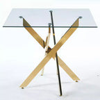 Table à manger avec pieds croisés en métal et verre trempé, table de cuisine moderne peu encombrante pour salon, pieds chromés, table carrée, pieds dorés