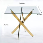 Table à manger avec pieds croisés en métal et verre trempé, table de cuisine moderne peu encombrante pour salon, pieds chromés, table carrée, pieds dorés