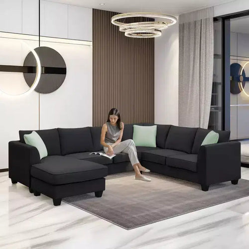 7-Seat Modular?Sectional Sofa Set: L-Shape Fabric?Corner Couch?with Ottoman & 3 Pillows