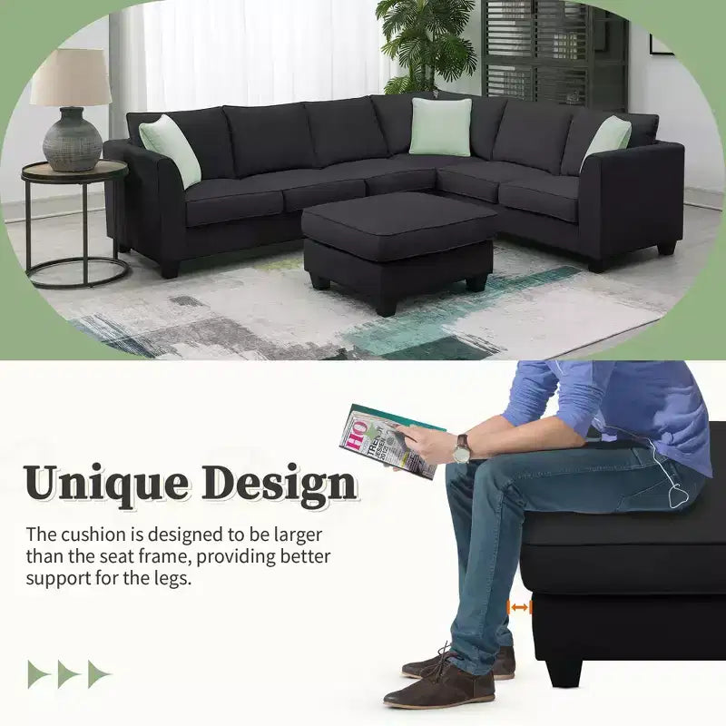 Ensemble de canapés modulaires 7 places : canapé d'angle en tissu en forme de L avec ottoman et 3 oreillers
