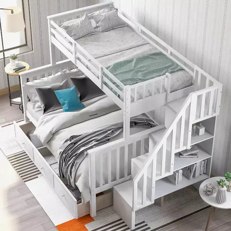 Lit superposé Whisen avec escalier, tiroir, rangement et barrière de sécurité