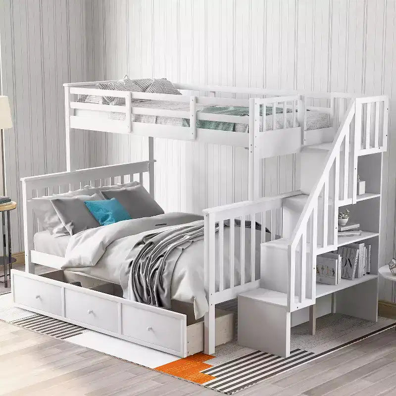 Lit superposé Whisen avec escalier, tiroir, rangement et barrière de sécurité
