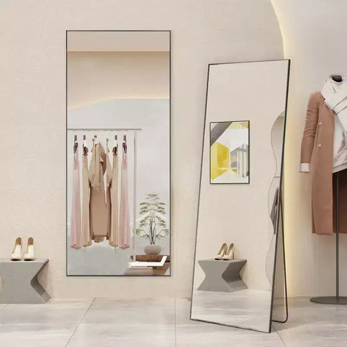 Miroir sur pied pleine longueur à angle droit de 64 pouces, miroir mural avec support et cadre fin en alliage d'aluminium