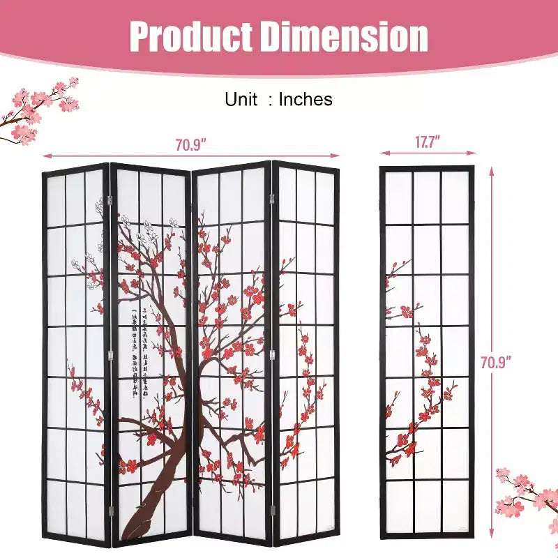 FDW Séparateur de pièce pliable élégant 4 panneaux, paravent de 1,8 m, séparateur d'intimité pliable avec cadre en bois massif, panneaux Shoji